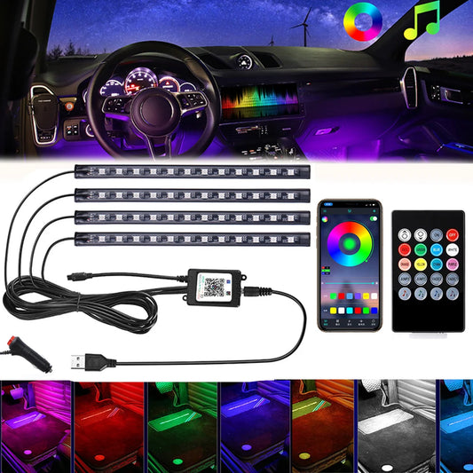IP68 RGB Car Foot Ambient Light Bar Set – 72 LED, 4-Piece, App or Remote, 5V/12V