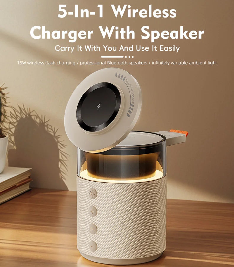 5 in 1 Magnetic Wireless Charging Station with Bluetooth Speaker and Night Light Fast Charger for iPhone Watch AirPods