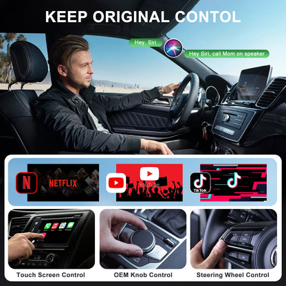 Wireless CarPlay Video Adapter with YouTube Netflix TikTok and Screen Mirroring for Factory Wired CarPlay