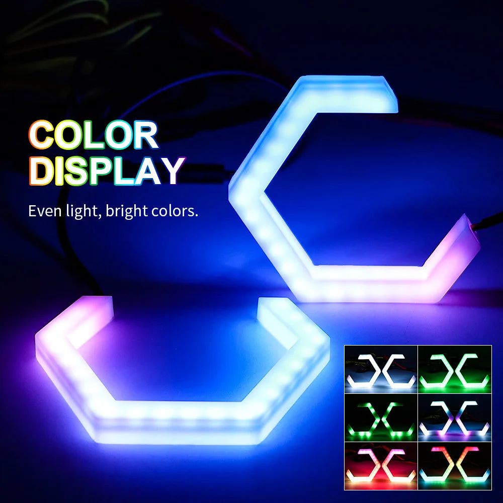 RGB Hexagon Angel Eyes Halo Rings – DRL & Turn Signal, App Control, 2pcs
