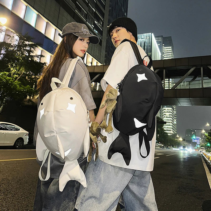 Y2K Whale Shark Shape Backpack – Cute Cartoon Nylon Travel Bag with Rain Cover, Reflective Stripe
