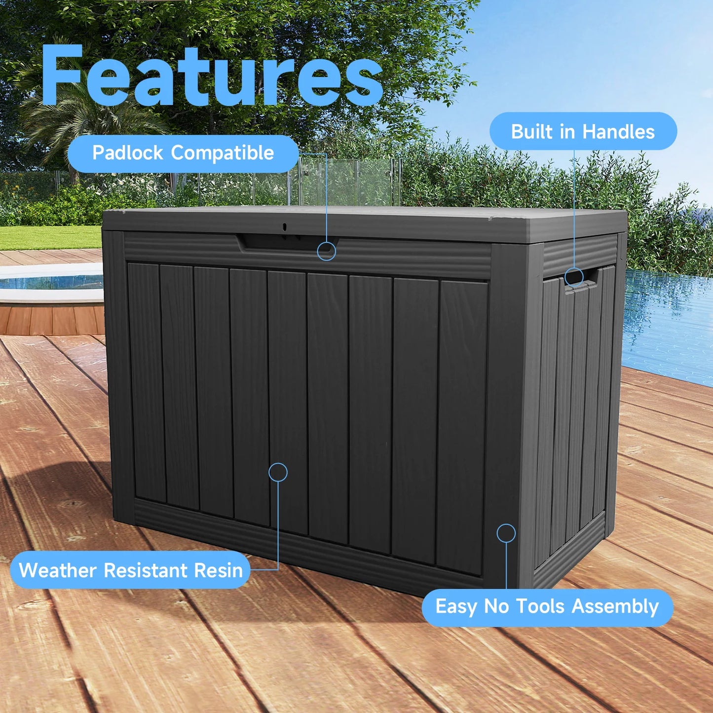 45 Gallon Outdoor Deck Box – Waterproof Lockable Resin Storage Box with Bench Seating