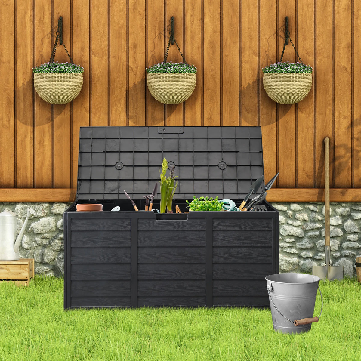 75 Gallon Outdoor Deck Box – 280L Wheeled Lockable Storage Chest with Wood-Effect Finish