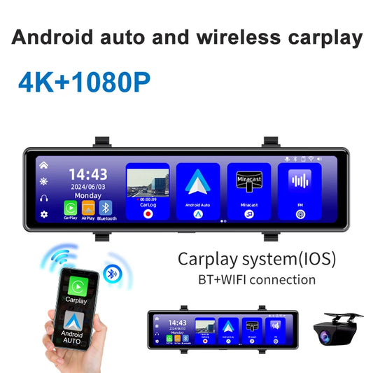 4K Rearview Mirror Dash Cam with Wireless CarPlay Android Auto 12 Inch Touch Screen WiFi GPS Support