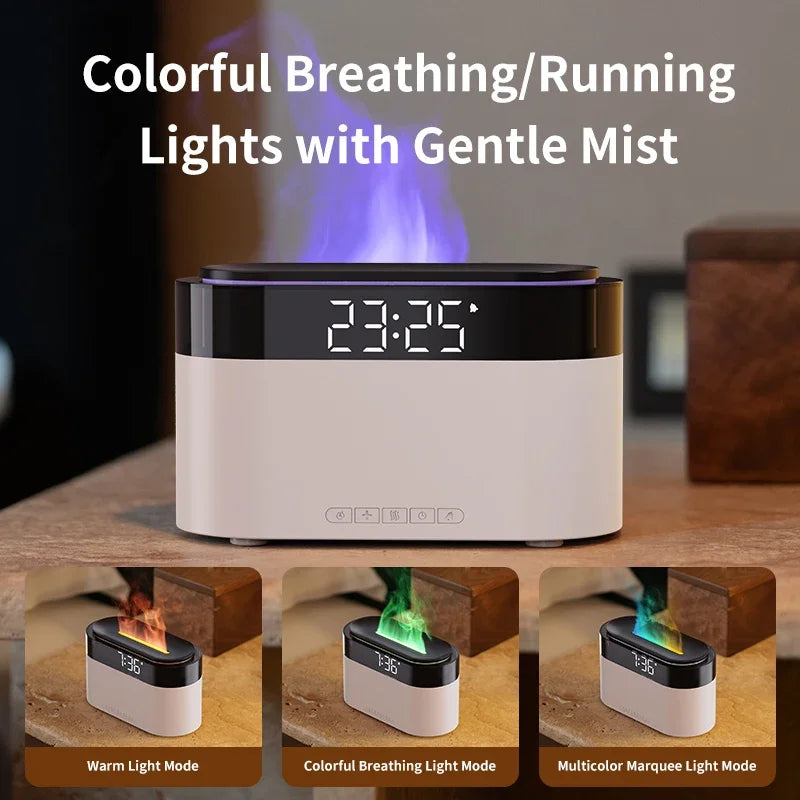 LED Clock Colorful Night Light with Flame Humidifier Ultrasonic Aromatherapy Diffuser with Remote Control