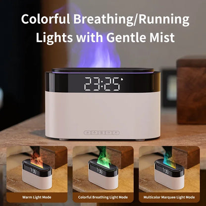 LED Clock Colorful Night Light with Flame Humidifier Ultrasonic Aromatherapy Diffuser with Remote Control