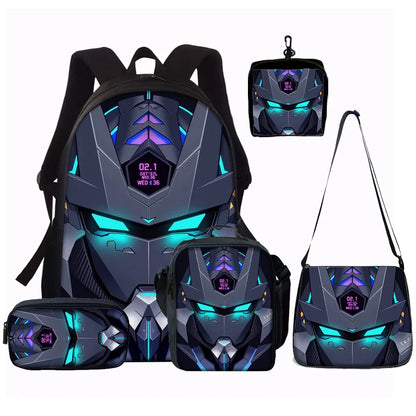 Cyberpunk Robot Pattern Backpack Set – Polyester, 20–35L, Unisex, 1–5 Piece