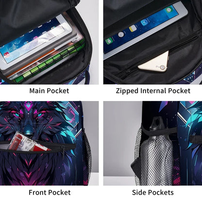 Wolf King 3D Cartoon School Backpack – Kids & Youth, Nylon, 42×31×15cm, Unisex