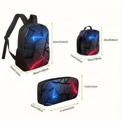 3-Piece Geometric Pattern Backpack Set – Backpack, Lunch Bag & Pencil Case, Ultra-Lightweight