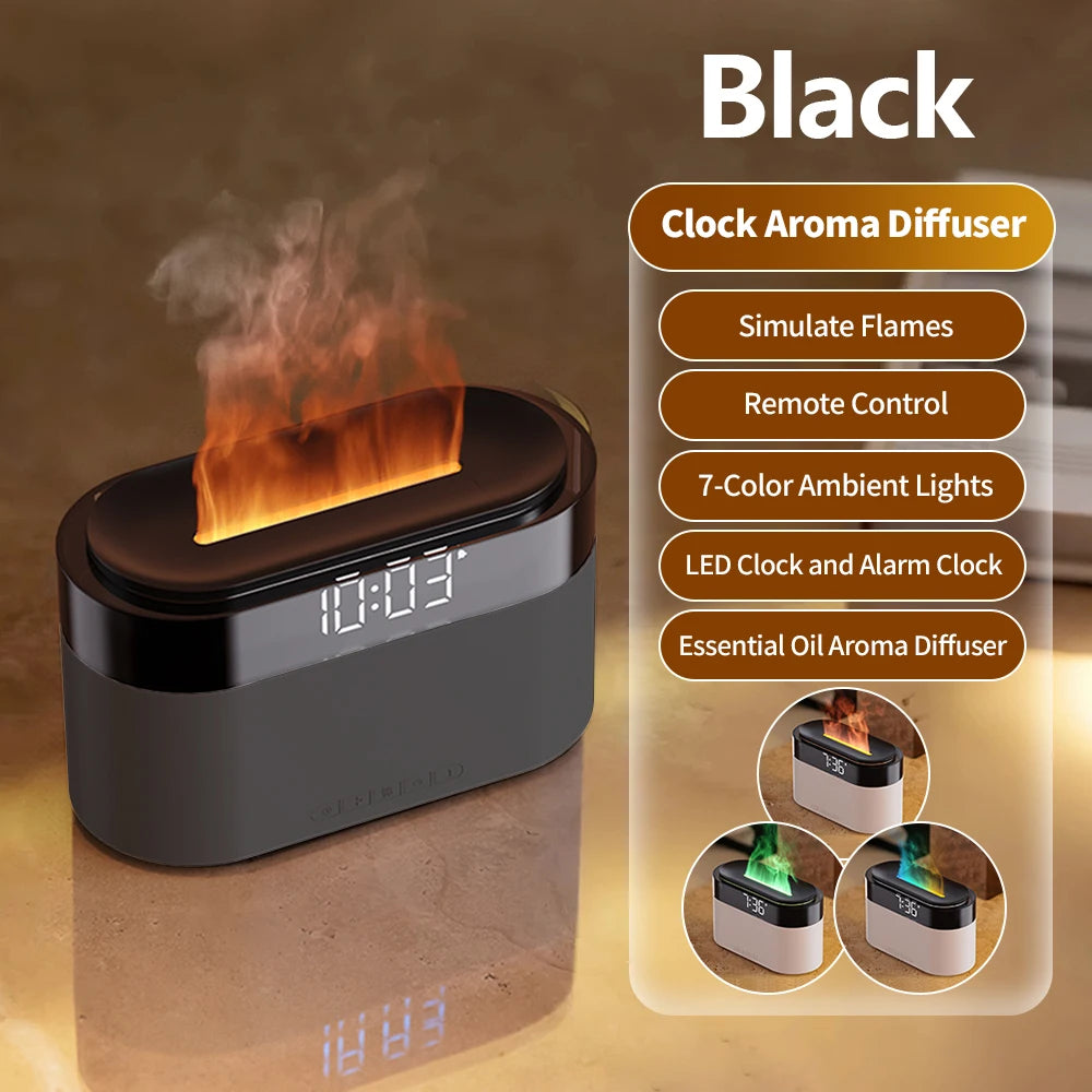 LED Clock Colorful Night Light with Flame Humidifier Ultrasonic Aromatherapy Diffuser with Remote Control