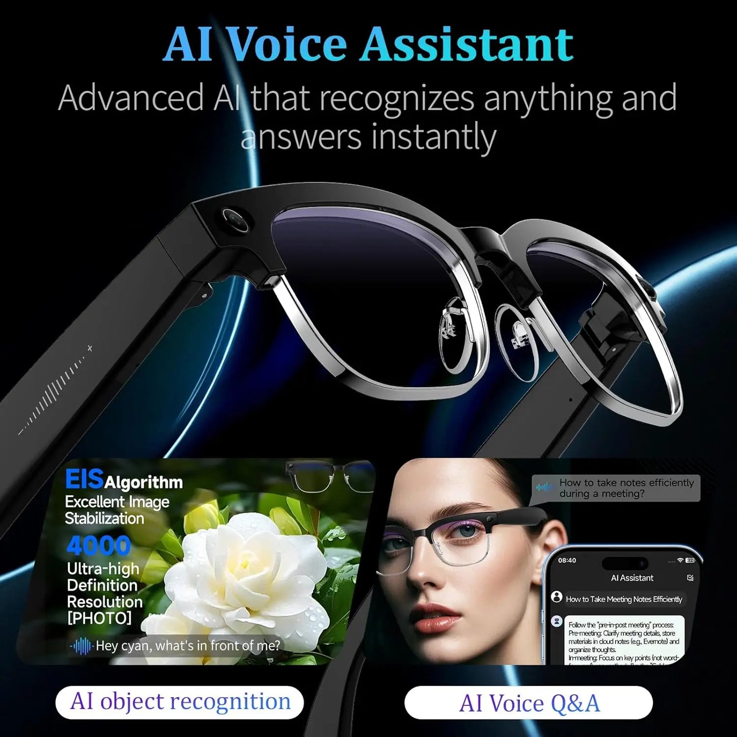 AI Smart Glasses 4K Camera HD Video Recording Bluetooth Audio Calling Music Player Smart Sports Glasses