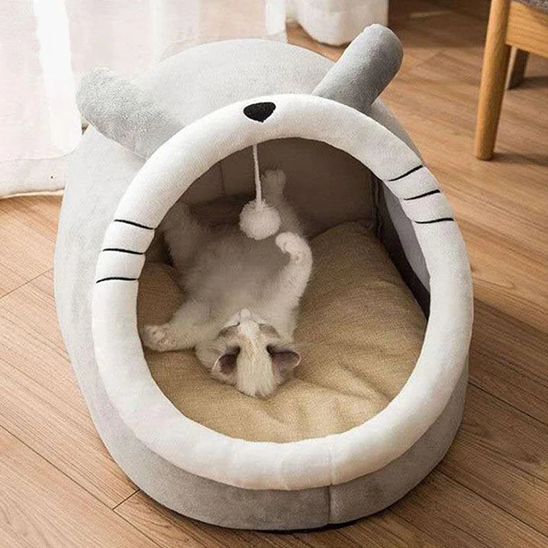 Cartoon Animal Ear Cat Cave Bed – Foldable Semi-Enclosed Pet Bed with Removable Cushion
