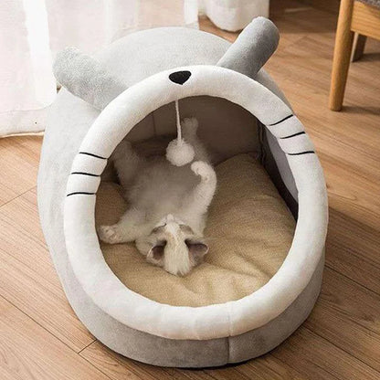 Cartoon Animal Ear Cat Cave Bed – Foldable Semi-Enclosed Pet Bed with Removable Cushion