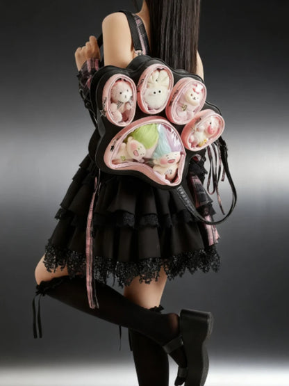 Cat Paw Lolita Backpack – Cute Kawaii Multi-Layer PVC Shoulder Bag for Women