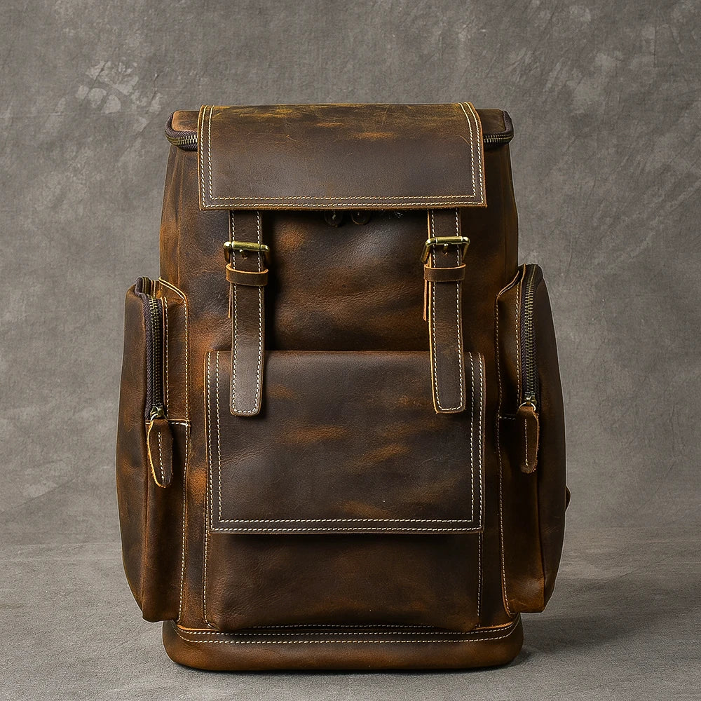 Vintage Crazy Horse Genuine Leather Backpack – Handmade, Fits 17" Laptop