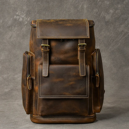 Vintage Crazy Horse Genuine Leather Backpack – Handmade, Fits 17" Laptop