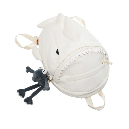 3D Shark Shape Backpack with Plush Pendant – Nylon, Large Capacity, Kids & Adults, Gray / White / Black