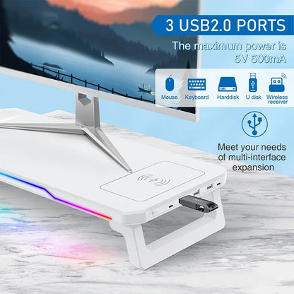 RGB Monitor Stand with USB Hub & Wireless Charging – 20 Lighting Effects, 25 kg Load