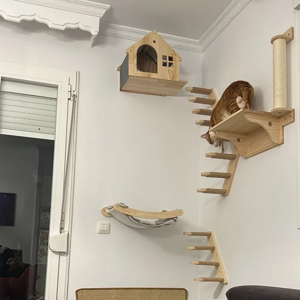 Wall-Mounted Cat Climbing Shelf System – Solid Wood Modular Cat Wall Furniture