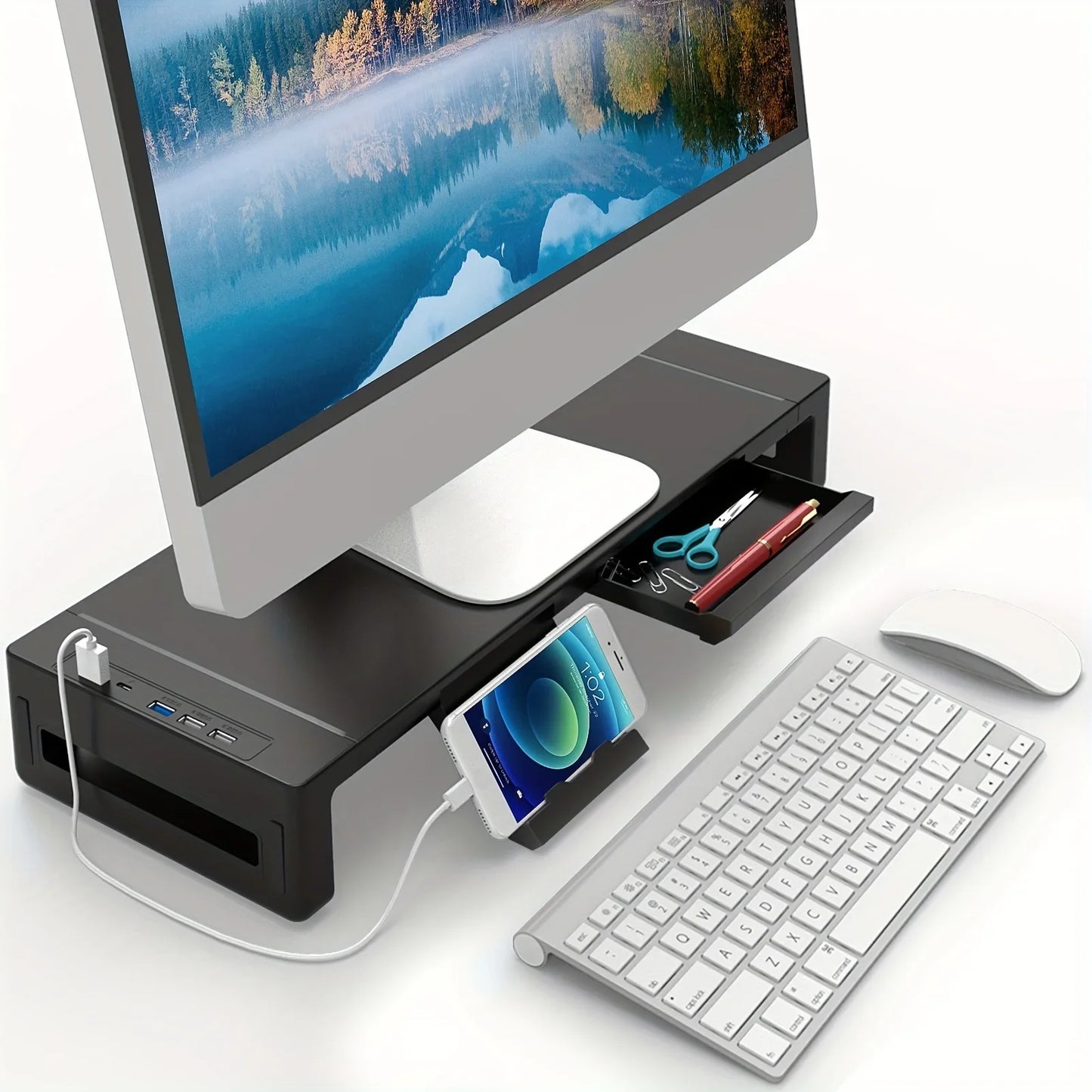 Foldable Height-Adjustable Monitor Stand Riser with Storage Drawer & Phone Stand