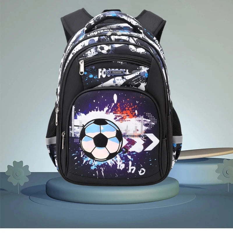 Football Print School Backpack – Nylon Travel & School Bag for Boys, Blue & Black