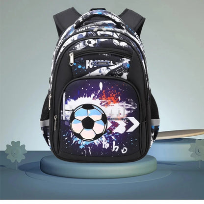 Football Print School Backpack – Nylon Travel & School Bag for Boys, Blue & Black