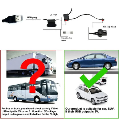 5M USB EL Wire Car Interior Ambient Light Flexible Neon Trim Strip
