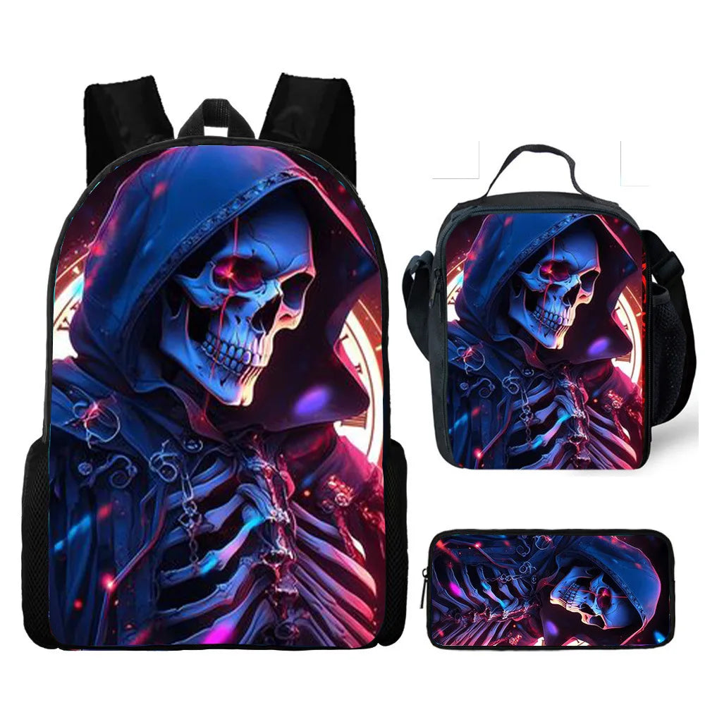 Skull Print School Backpack 3-Piece Set – Backpack, Lunch Bag & Pencil Case, Nylon, Unisex