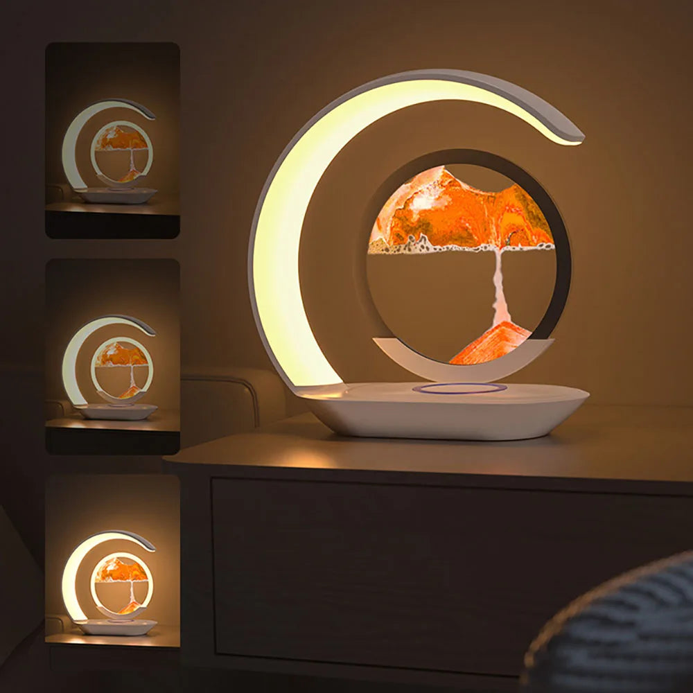 Quicksand Table Lamp 3D Hourglass Sand Art Night Light with USB Wireless Charging Desk Lamp