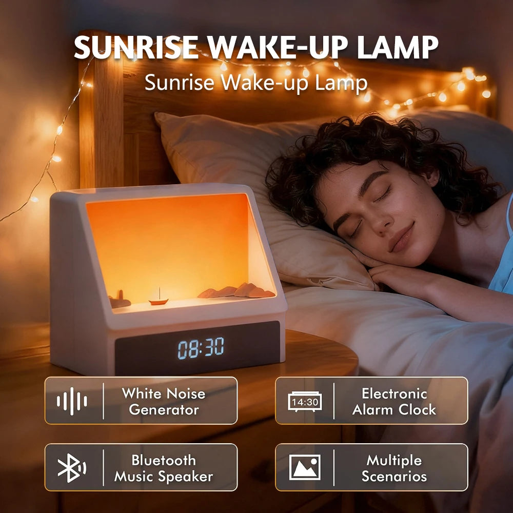 Bluetooth Sunrise Alarm Clock Wake Up Light with White Noise 12 Sounds Dimmable Table Lamp