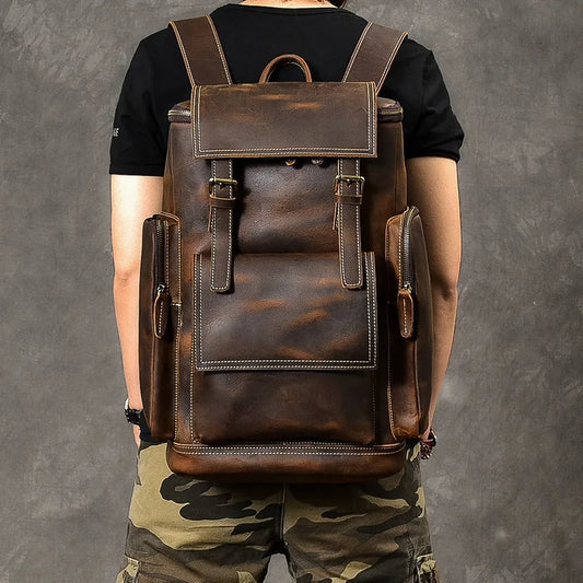 Vintage Crazy Horse Genuine Leather Backpack – Handmade, Fits 17" Laptop