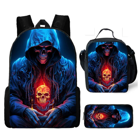 Skull Print School Backpack 3-Piece Set – Backpack, Lunch Bag & Pencil Case, Nylon, Unisex