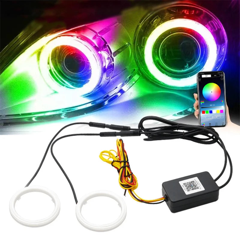 RGB Angel Eyes Halo Rings with Turn Signal – Bluetooth App, DRL, 60–120mm, 9–30V