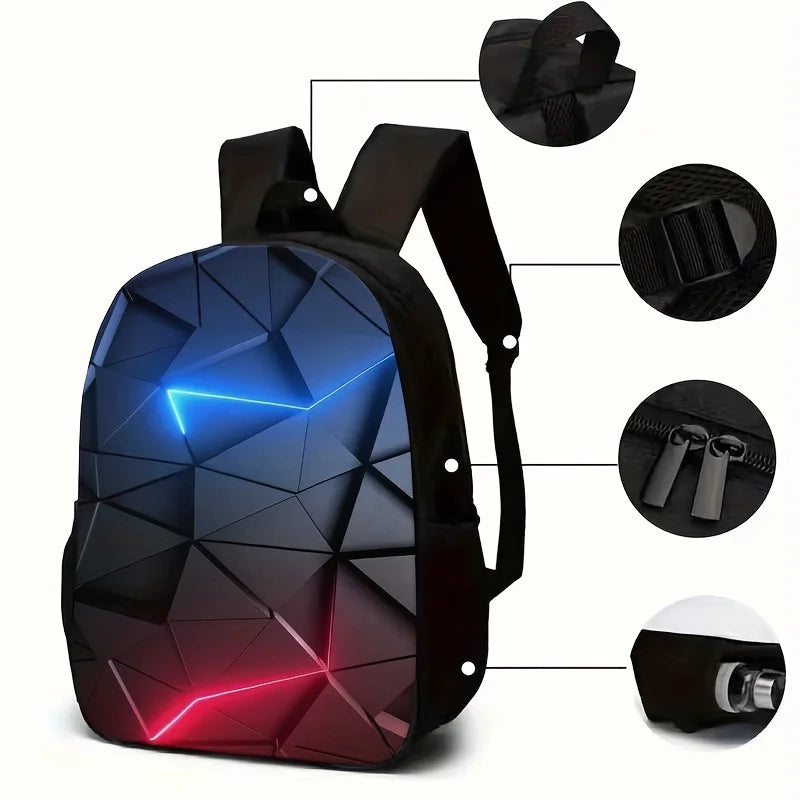 3-Piece Geometric Pattern Backpack Set – Backpack, Lunch Bag & Pencil Case, Ultra-Lightweight