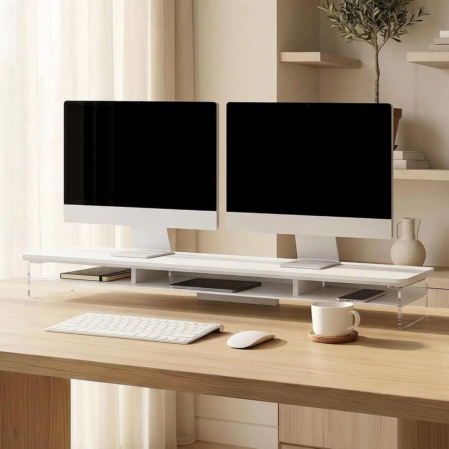 Acrylic Dual Monitor Stand Riser – Two-Tier Desk Organizer with Keyboard Storage Shelf