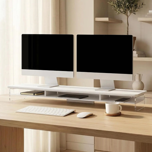 Acrylic Dual Monitor Stand Riser – Two-Tier Desk Organizer with Keyboard Storage Shelf