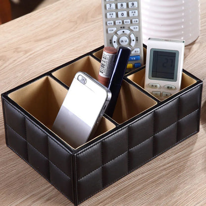 PU Leather Desktop Organizer – 4-Slot Storage Box for Remote Control, Phone & Office Supplies