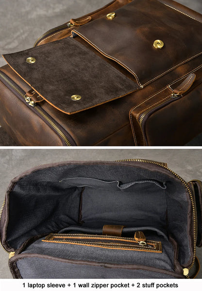 Vintage Crazy Horse Genuine Leather Backpack – Handmade, Fits 17" Laptop
