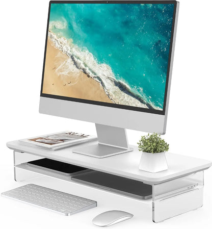 Acrylic Dual Monitor Stand Riser – Two-Tier Desk Organizer with Keyboard Storage Shelf