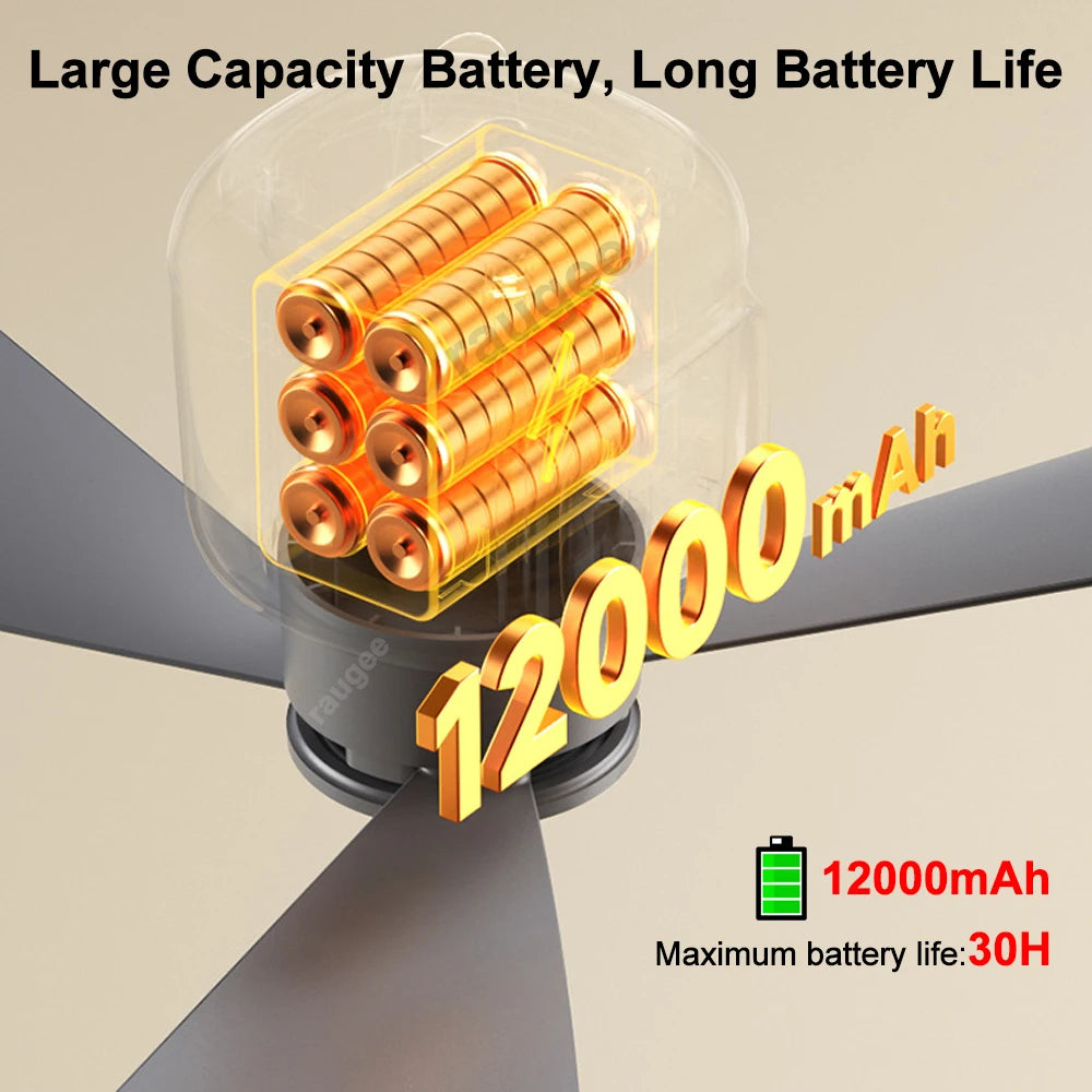 Portable Camping Ceiling Fan 12000mAh Rechargeable Tent Fan with LED Light and Remote Control