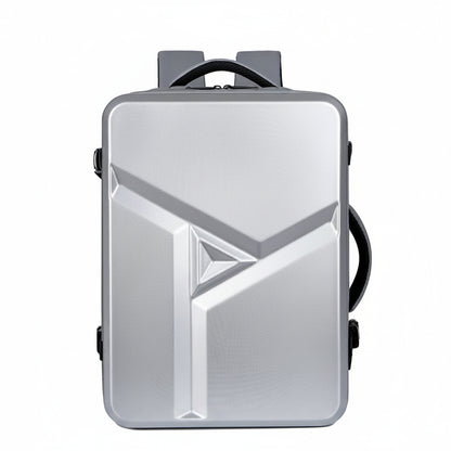 Silver backpack with geometric design on a white background