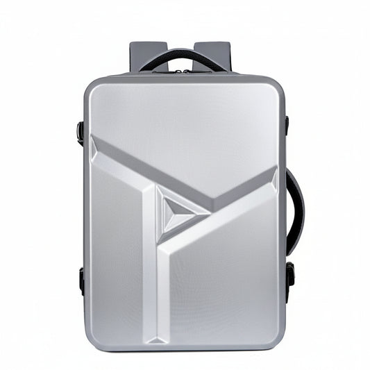 Silver backpack with geometric design on a white background