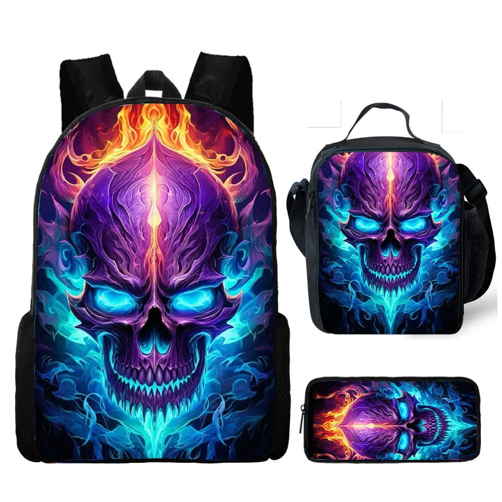 Skull Print School Backpack 3-Piece Set – Backpack, Lunch Bag & Pencil Case, Nylon, Unisex
