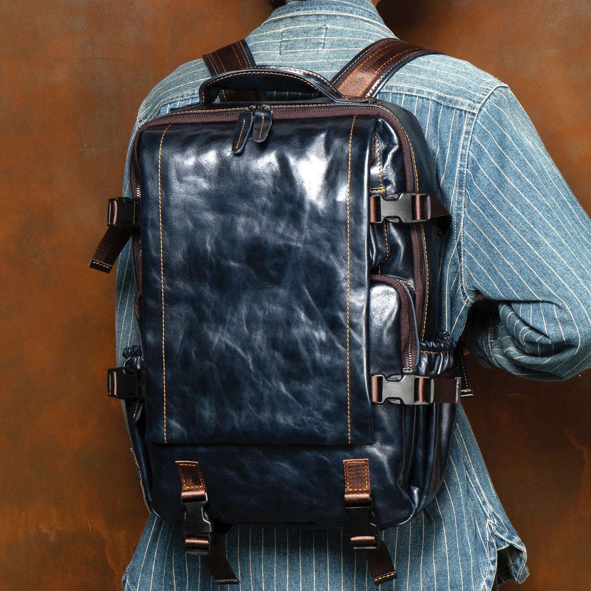 Handmade Genuine Cowhide Leather Backpack – 16" Laptop Compartment, Theft-Resistant, Business & Travel