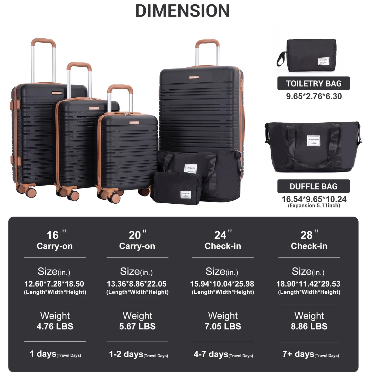 6-Piece Hardcase Luggage Set – Double Spinner Wheels & TSA Lock, 16/20/24/28" Suitcases + Travel Duffle Bag