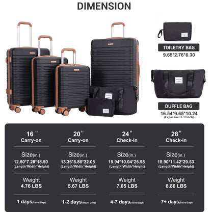 6-Piece Hardcase Luggage Set – Double Spinner Wheels & TSA Lock, 16/20/24/28" Suitcases + Travel Duffle Bag
