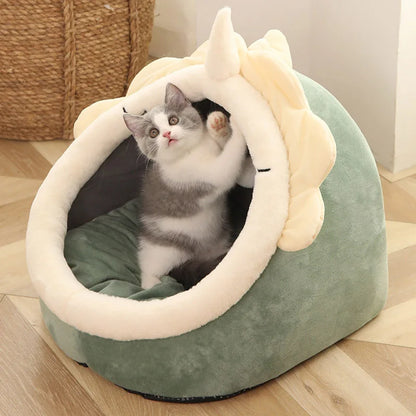Cartoon Animal Ear Cat Cave Bed – Foldable Semi-Enclosed Pet Bed with Removable Cushion