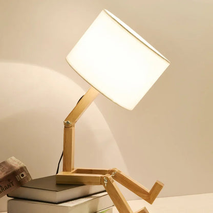 Adjustable Robot Shape Table Lamp E27 Wooden Fabric Foldable Desk Light for Bedroom Living Room Study