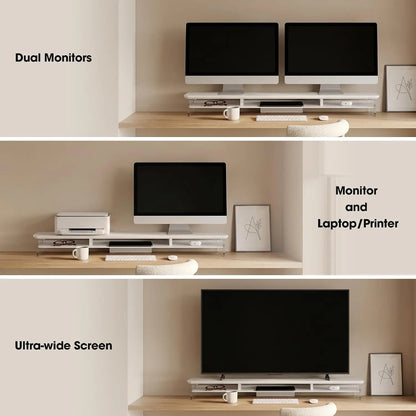 Acrylic Dual Monitor Stand Riser – Two-Tier Desk Organizer with Keyboard Storage Shelf
