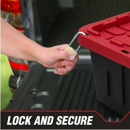 27 Gallon Heavy-Duty Storage Bin with Snap Lid – Black & Red Plastic Storage Container